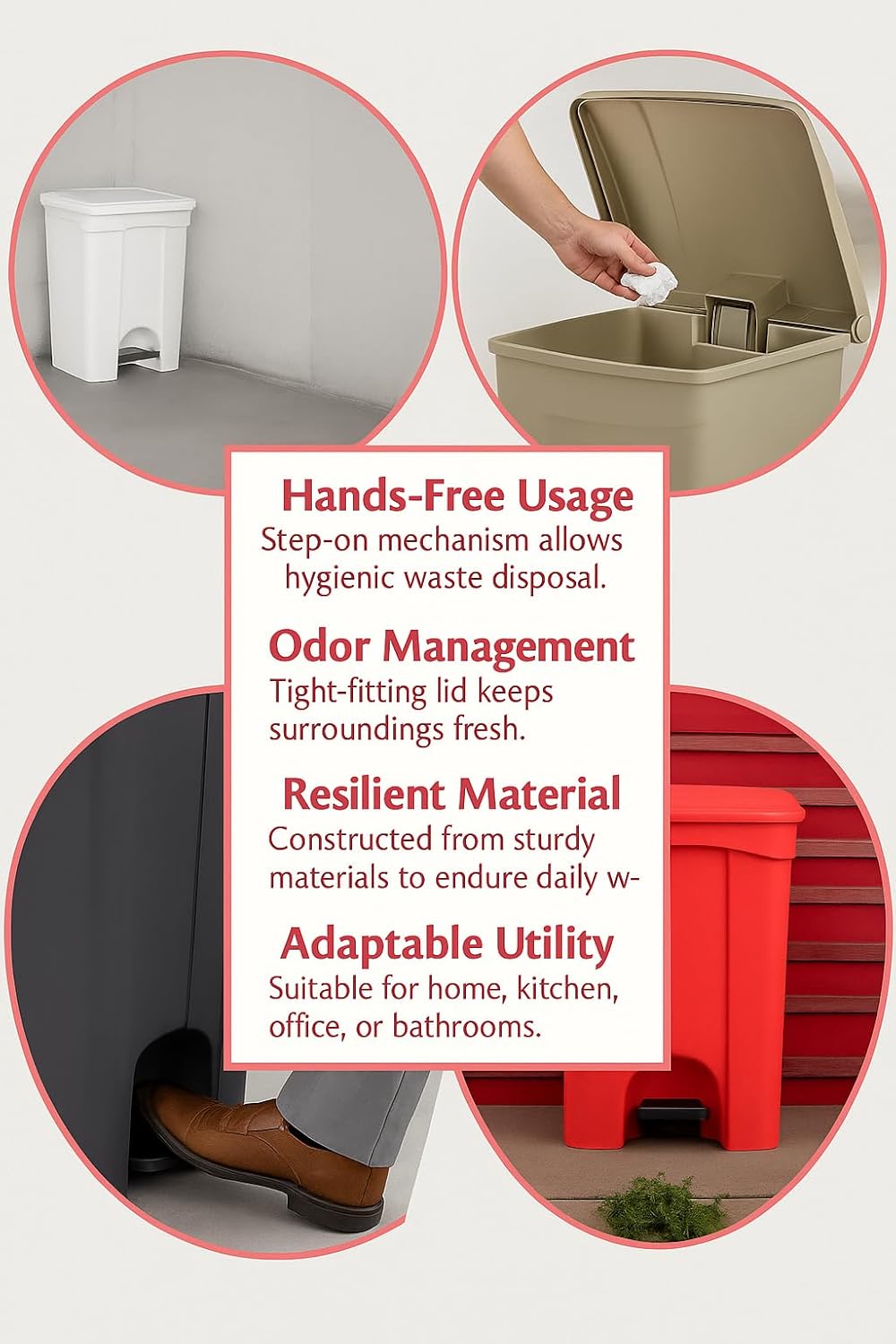 PRO&Family Step-On Trash Can with Lid, Plastic Waste Bin, Foot Pedal Operation (White, 8 Gallon)