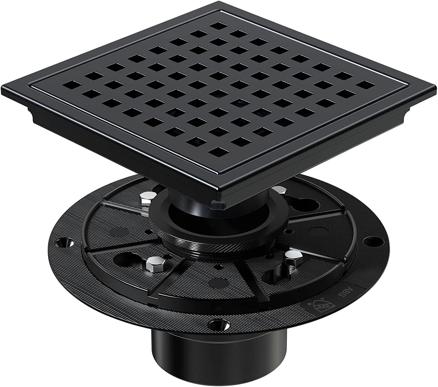 6 Inch Shower Drain Matte Black, Square Bathroom Floor Drain, Stainless Steel Drain Kit with Flange, Removable Grid Cover, Hair Strainer