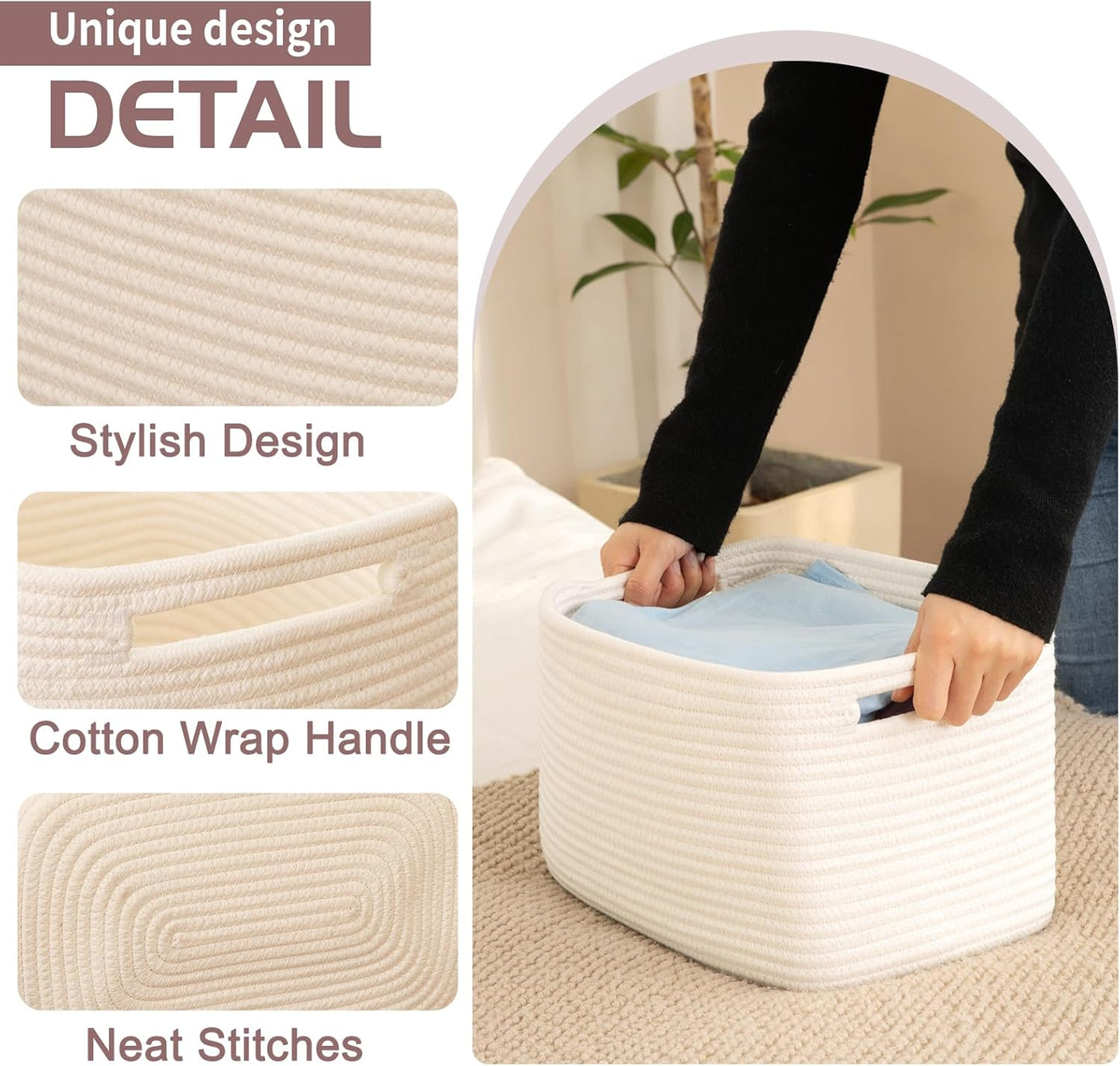 OIAHOMY 4 Pack Storage Baskets for Organizing, Cube Storage Bins for Shelves, Rectangle Storage Baskets With Handles, Woven Baskets for Storage, 12.7''Lx9''Wx7.8''H, White