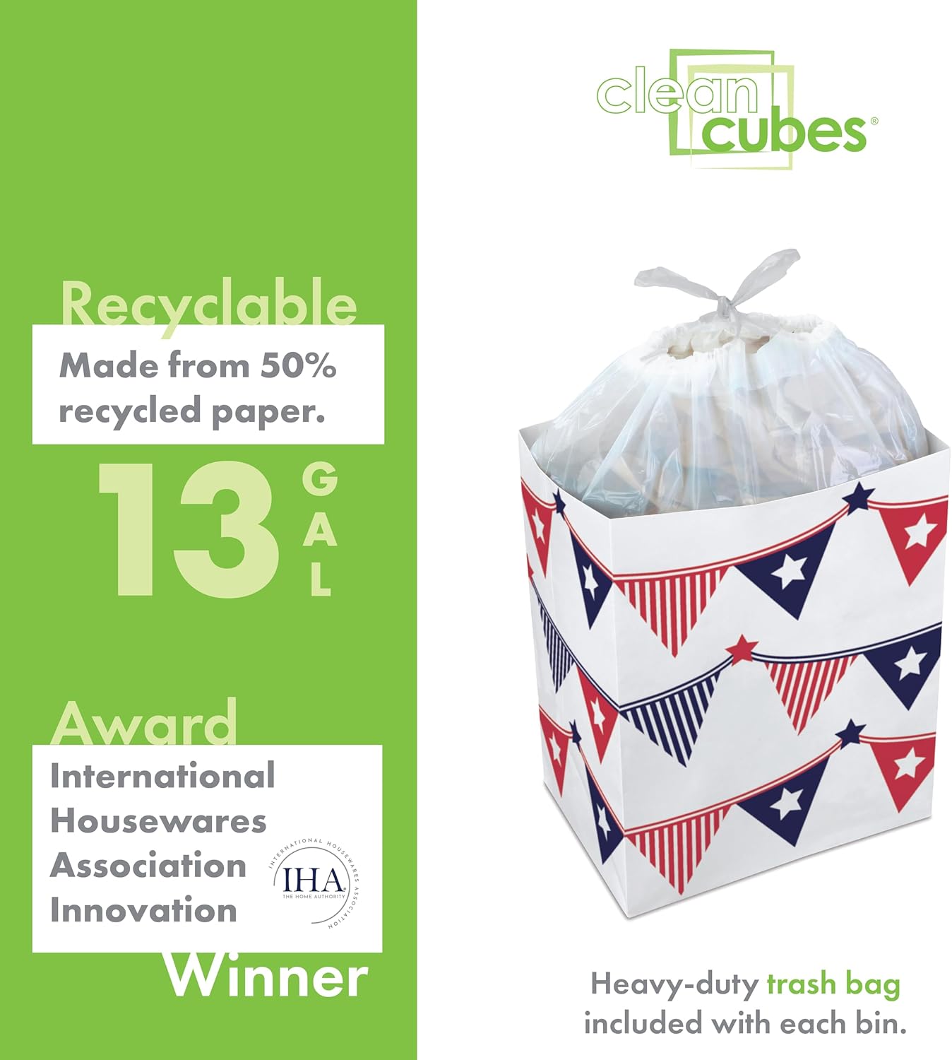 13 Gallon Disposable Pop-Up Trash Cans (3-Pack) with Fitted Bags – Foldable Garbage & Recycling Bins for Parties, Events & Kitchen (USA Flag, 17" H x 13.5" W x 10" D)