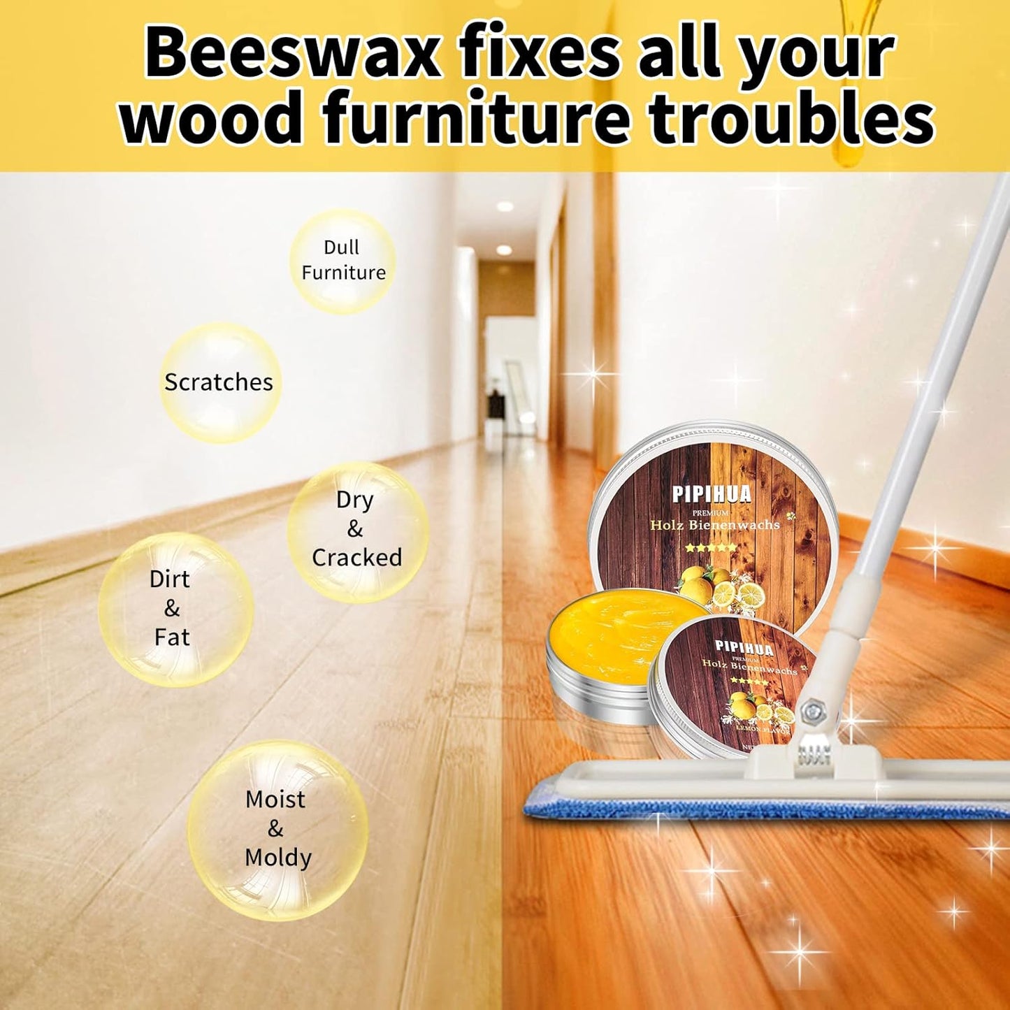 PIPIHUA Beeswax Polish and Conditioner for Wood Furniture - Waterproof & Restorer Wood Wax, Multipurpose Beeswax Furniture Polish and Cleaner for All Types and Colours, Lemon(100g with Sponge)