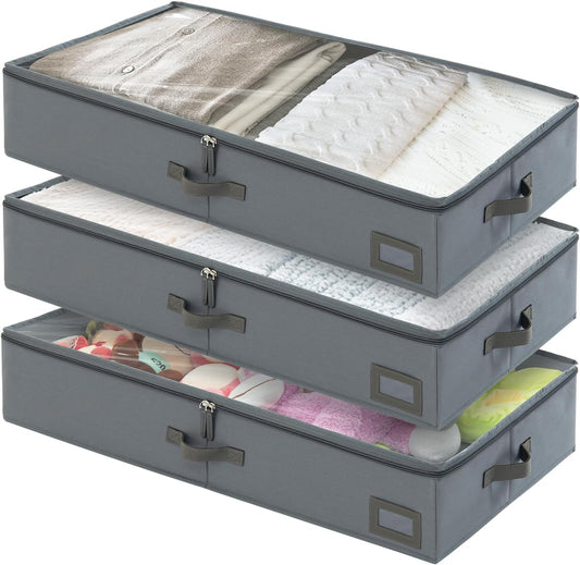 6-Inch Under Bed Storage Containers (3-Pack) | Sturdy Sidewalls | Clear Cover & Label Holder | Underbed Organizer for Crib/Couch | Stores Clothing/Blankets/Wrapping Paper/Toys