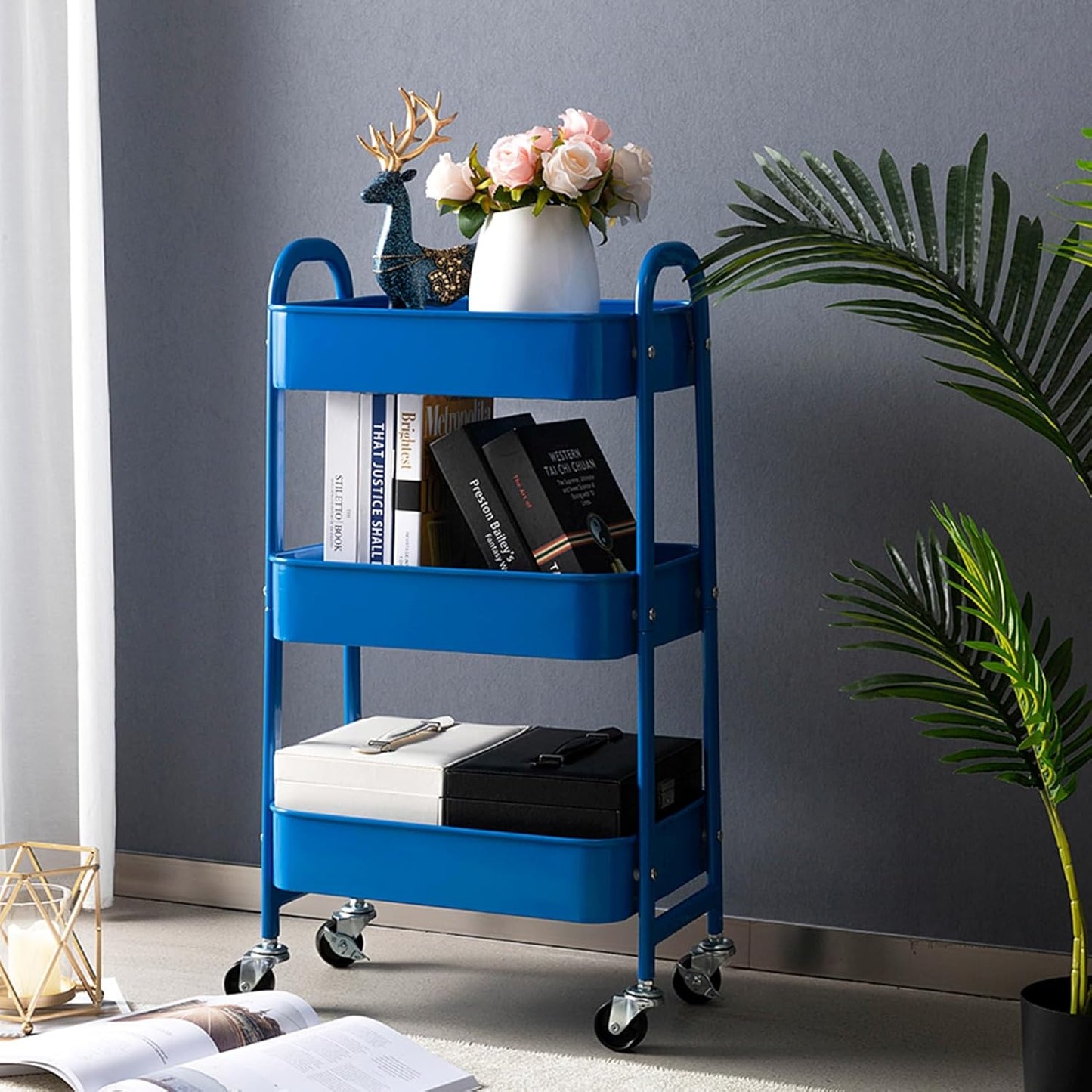 AGTEK Makeup Cart, Movable Rolling Organizer Cart,3 Tier Metal Utility Cart, Aristocratic Blue