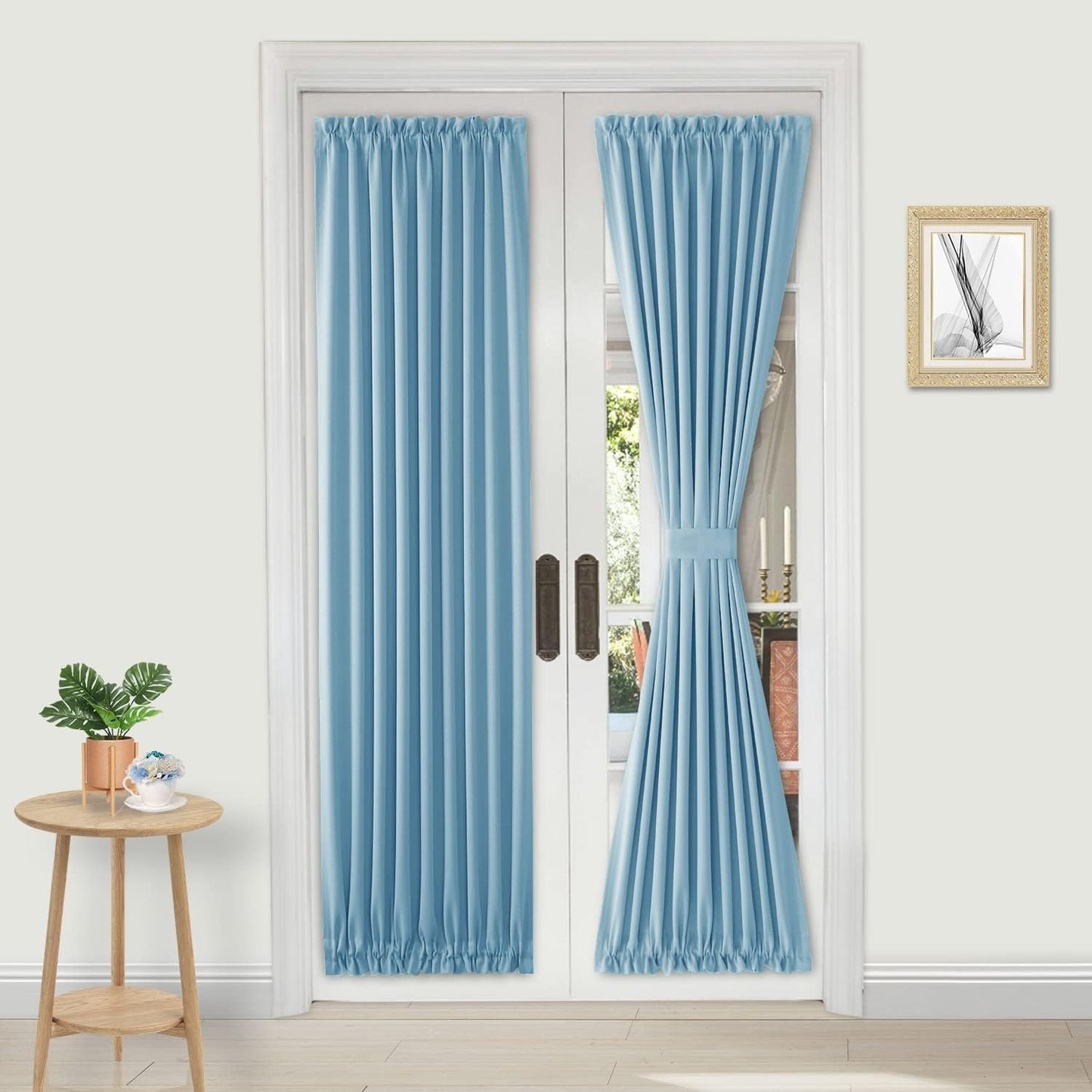 DWCN French Door Curtains – Rod Pocket Thermal Blackout Curtain for Doors with Glass Window, Kitchen and Patio Doors for Privacy, 25 X 72 Inches Long, 1 Curtain Panel with Tieback, Light Blue