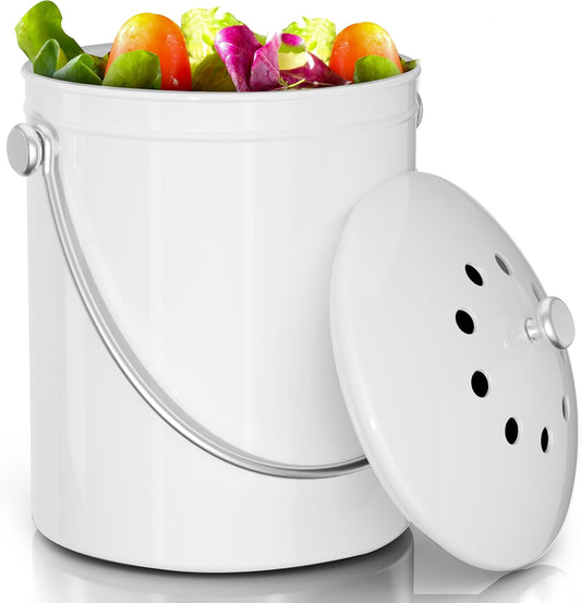 Utopia Kitchen Compost Bin for Kitchen Countertop, 1 Gallon Compost Bucket for Kitchen with Lid, Includes 1 Spare Charcoal Filter (White)