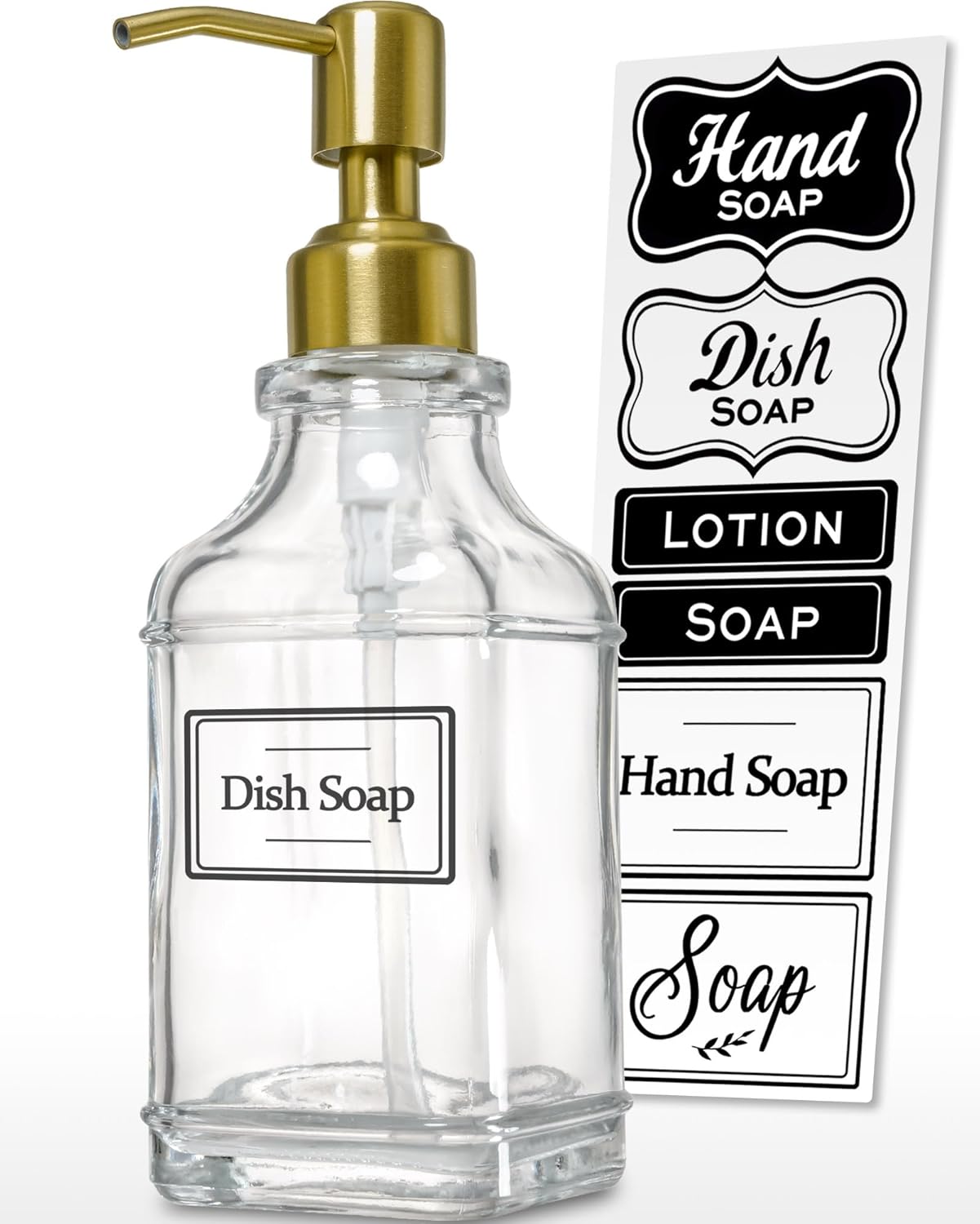 JASAI Antique Square Glass Soap Dispenser with Golden Rust Proof Pump, Refillable soap Dispenser with 10Pcs Stickers for Kitchen, Dish Soap Dispenser for Kitchen Bathroom Soap, Hand soap, Lotion.