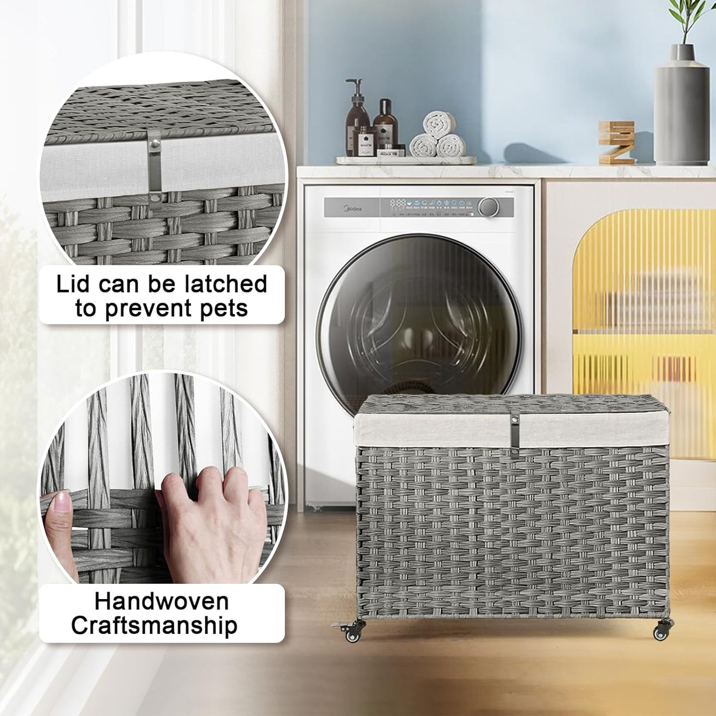 Rolling Storage Basket with Lid, 47.6 Gallon (180L) Storage Bin with Wheels, Woven Rattan Blanket Storage Basket with Handles, Foldable, Metal Frame, Removable Liner for Bedroom, Laundry Room, Grey