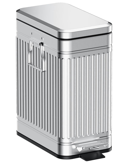Small Trash Can with Lid Soft Close-10L/2.6 Gal Stainless Steel Outdoor Dog Poop Garbage Can-Metal Waste Bins with Pedal for Bathroom Bedroom Office-Silver