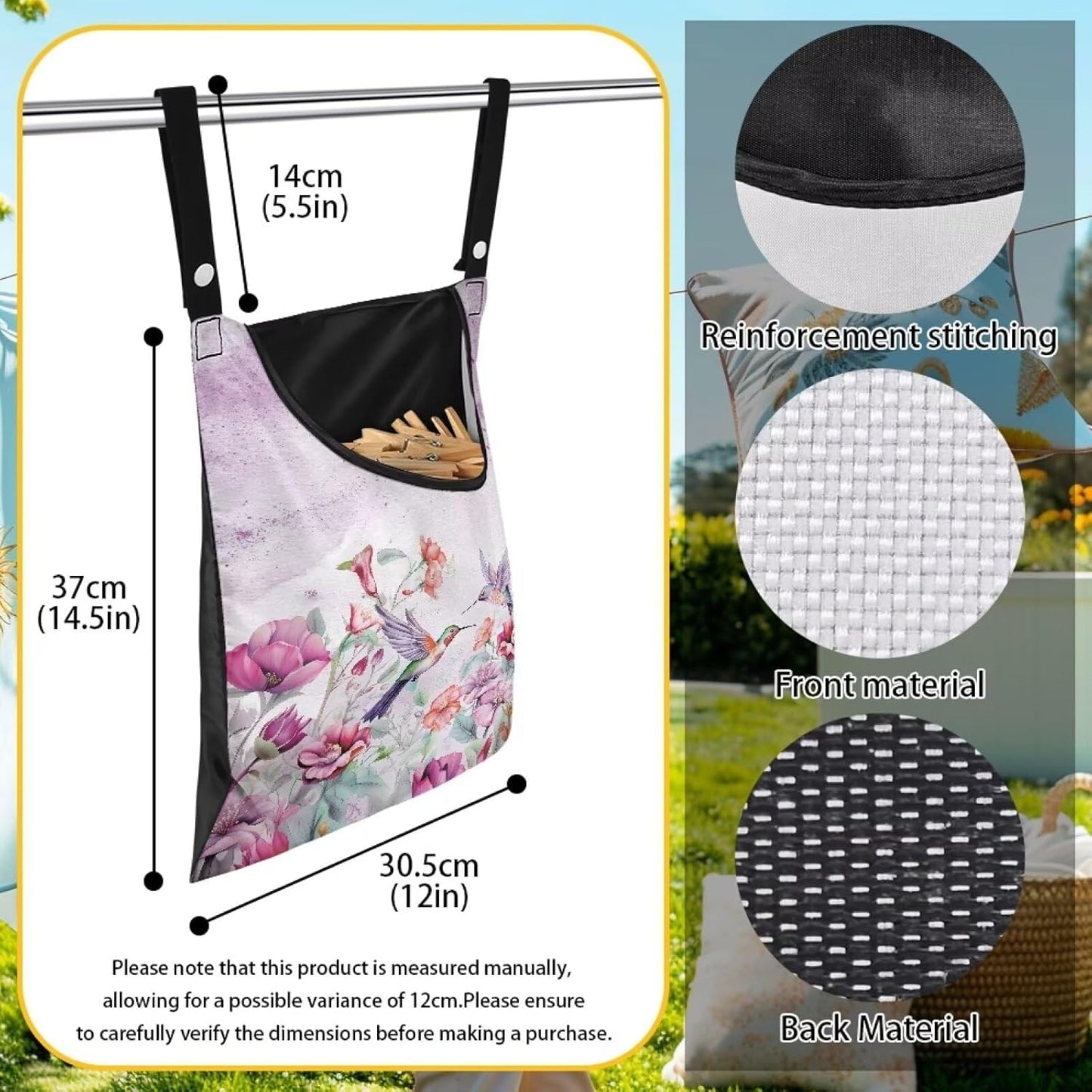 Hummingbird Adjustable Door-Hanging Laundry Clothespin Bag Clothespin Storage Bag Laundry Clothespin Bag, Hanging Storage Organizer with Hanging Rope for Outdoor and Indoor