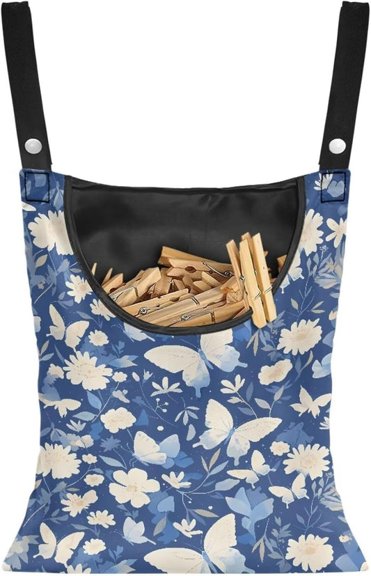 3 Pcs Butterfly and Floral Clothespin Bag with Large Opening Clothes Pins Holder Outdoor and Laundry Bag Hanging Fits for Clothesline Outdoor