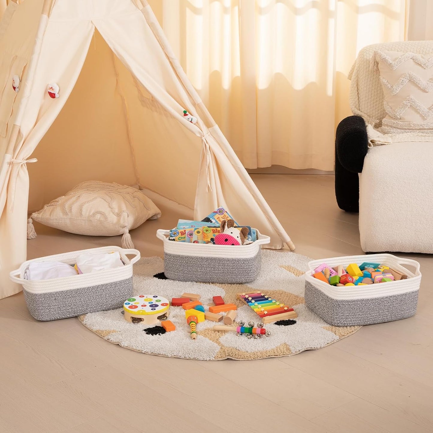 OIAHOMY 3 Pack Storage Baskets for Organizing, Woven Cotton Rope Basket for Shelves, Closet Organizer Bins with Handles, Rectangle Toy Organization, 13.78''×9.84''×5.5'', Grey & White