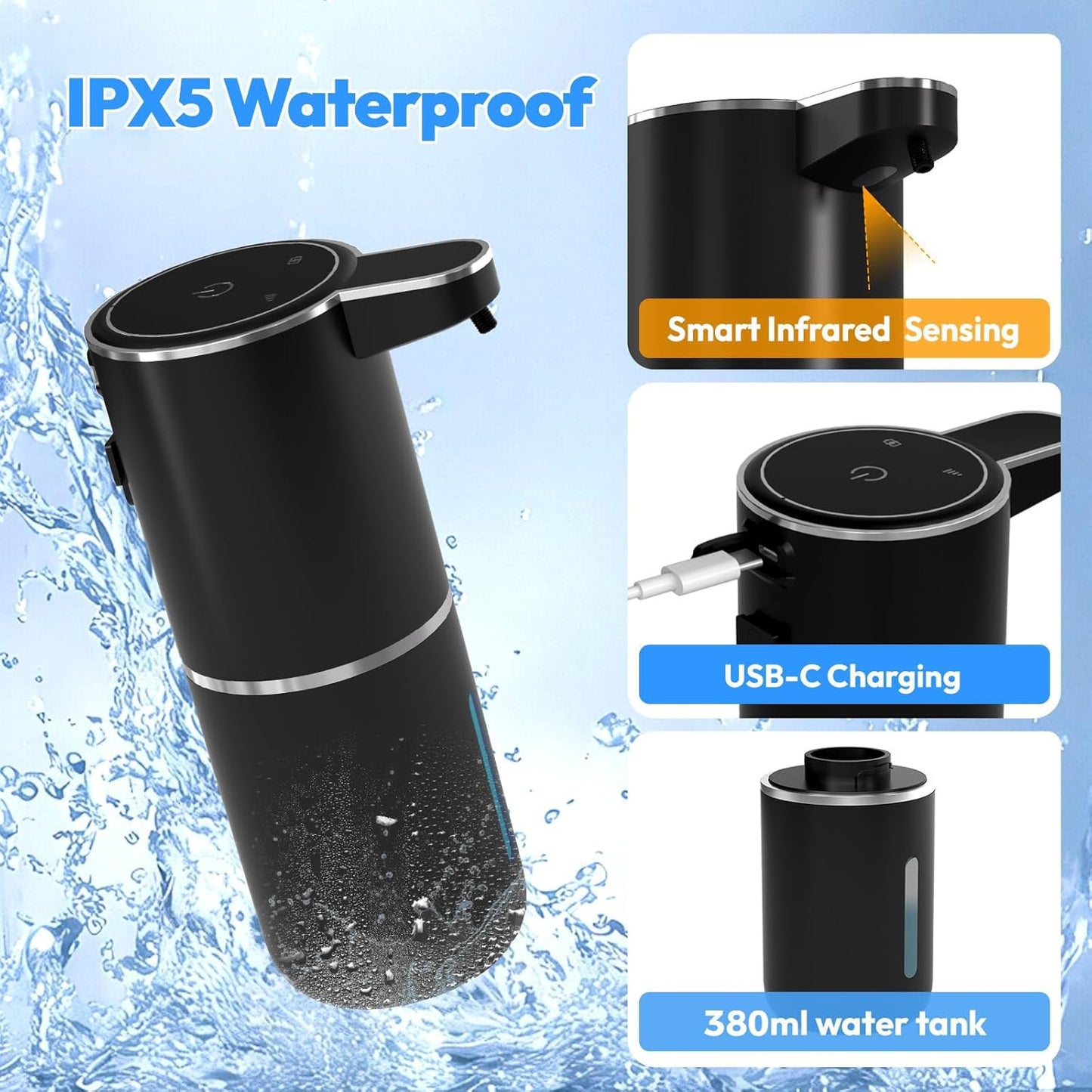 Automatic Soap Dispenser Touchless,Liquid Hand Soap Dispenser 12.8oz USB 4levels Adjustable Dispenser Electric Wall Mounted Smart for Bathroom and Kitchen Dish Soap，Easy for Toddlers(Black)