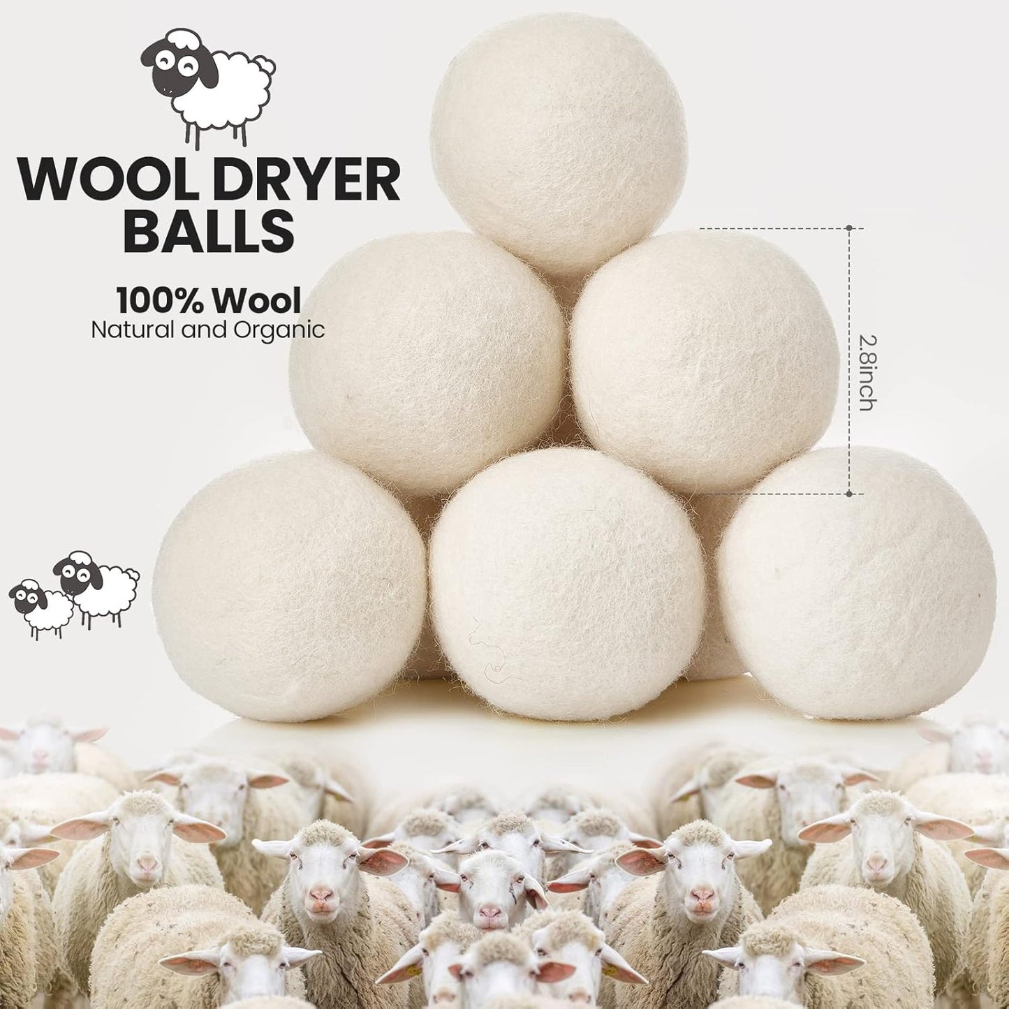 Kenning 26 Pieces Wool Dryer Balls Set, 24 Reusable Dryer Balls with 2 Muslin Bags Fabric Softener for Clothes Laundry Anti Wrinkle Anti Static Saving Energy and Time(White)