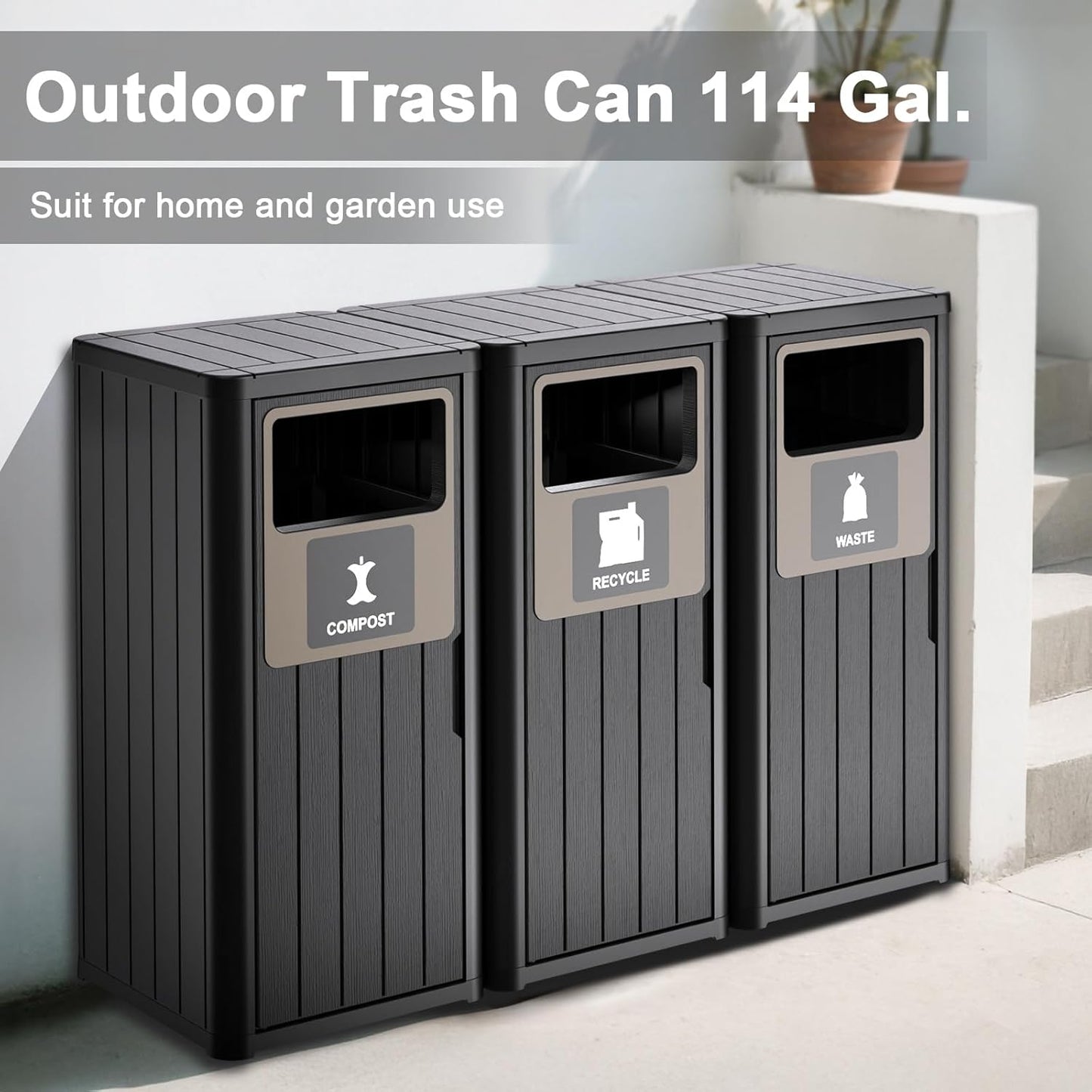 Outdoor Three Barrel Trash Can,Waterproof Resin Garbage Can with Garbage Labels,Durable Waste Bin for Porch, Backyard,Kitchen,for 30 to 39 Gallon Trash Bags