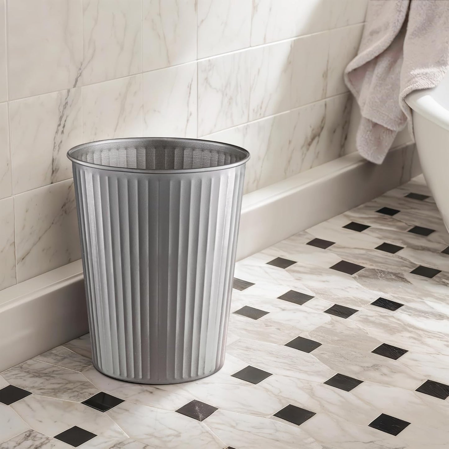 Monarch Abode Pewter Handcrafted Ridge Embossed Metal Wastebasket for Home Office, Decorative Waste Basket, Modern Bathroom Garbage Can, Durable & Decorative Trash Bin, Pewter Trash Can