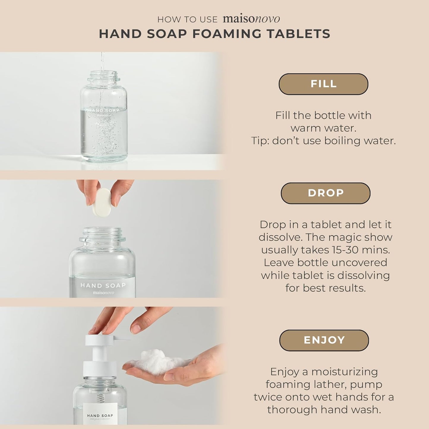 MaisoNovo 14 oz Clear Glass Foaming Soap Dispenser with White Pump + Mixed 4 Pack Foaming Hand Soap Refill Tablets