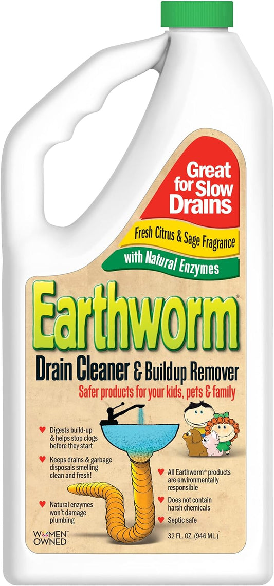 Earthworm Drain Cleaner - Clog Remover - Drain Opener/Deodorizer - Natural Enzymes, Safer for Families, Environmentally Responsible - 32 fl oz