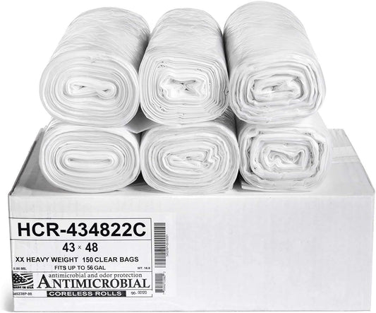 Aluf Plastics High Density Trash Bags, 56 Gallon, 150 Count, 22 Micron (eq), 43" x 48", Clear, for Bathroom, Office, Industrial, Commercial, Janitorial, Municipal, Recycling