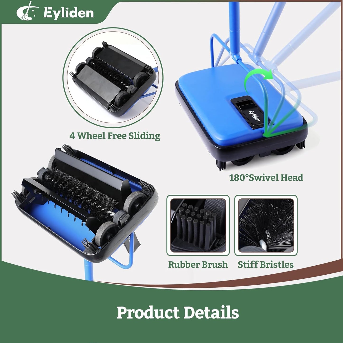 Eyliden Carpet Sweeper, Mini Size Lightweight Hand Push - No Noise, Non-Electric, Easy Manual Sweeping Only for Carpet Cleaning (Blue)