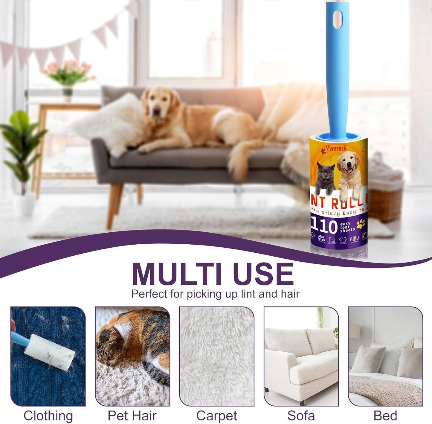 Lint Rollers for Pet Hair Extra Sticky, 220 Sheets/2 Lint Roller Refills with 1 Durable Handles, Pet Hair Roller for Clothes, Furniture, Carpet