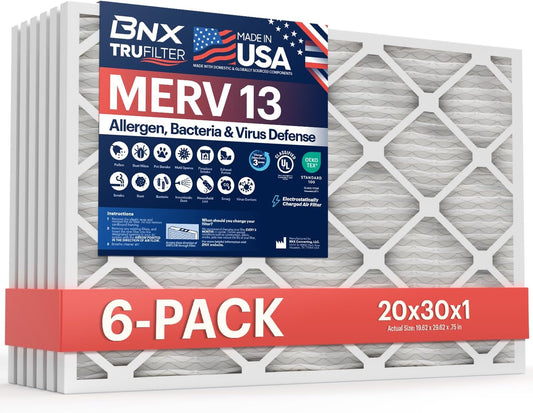 BNX TruFilter 20x30x1 Air Filter MERV 13 (6-Pack) - MADE IN USA - Electrostatic Pleated Air Conditioner HVAC AC Furnace Filters for Allergies, Pollen, Mold, Bacteria, Smoke, Allergen, MPR 1900 FPR 10