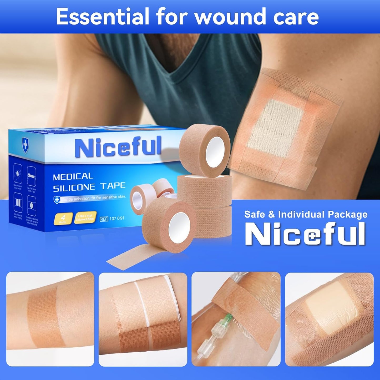4 Rolls Medical Tape 1" x 4 Yard - Silicone Tape for Wound Care, Secures Dressings and Gauze, Easy to Remove, Waterproof Surgical Tape for Skin