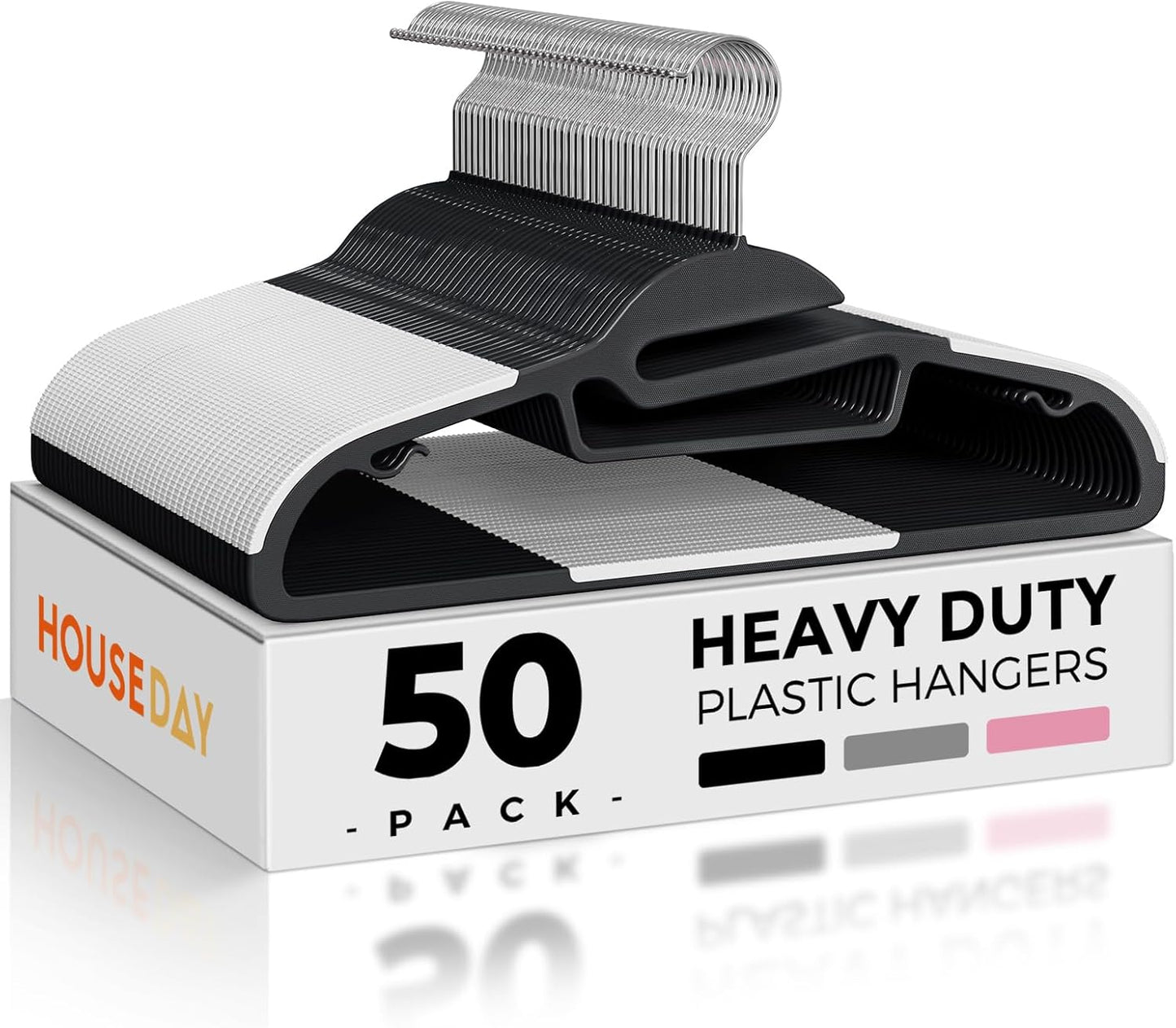 HOUSE DAY Black Plastic Hangers 50 Pack, Slim Space Saving, Non Slip Hangers with Rubber Pads, Sturdy Coat Hanger for Closet, S-Shaped Clothes Hanger for Shirt, Suit, Pant, Skirt