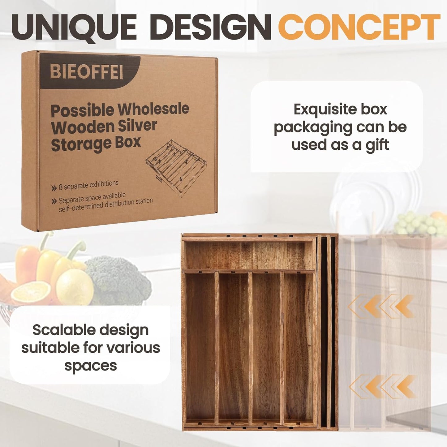 Acacia Wood Silverware Drawer Organizer, 21 Inch Adjustable Cutlery Tray for Kitchen Utensils, Silverware Flatware Storage Box with 5 Detachable Dividers(8-Compartment)