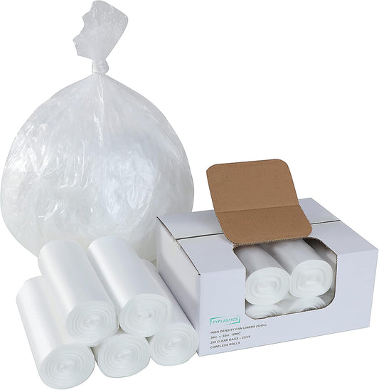 TYPLASTICS 55 Gallon Clear Trash Can Liners - 36" x 60" - High Density Garbage Bags - Case of 200 - Multipurpose for Office, Outdoor, Recycling, Industrial and Commercial