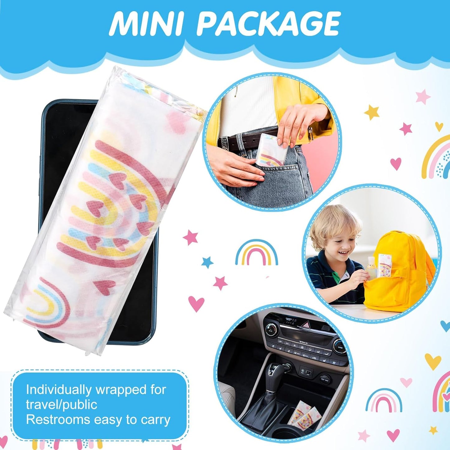 50 Packs Disposable Toilet Seat Covers Extra Large Individually Wrapped for Kids and Adults, Portable Non Slip Waterproof Potty Seat Covers for Toddlers Potty Training, Travel (Rainbow)