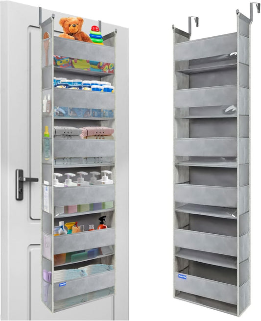 Extra Large Over The Door Organizer Storage 6-Shelves and 12 Side Pockets, Heavy Duty Hanging Door Organizer for Closet Bathroom Bedroom Nursery Pantry, Grey