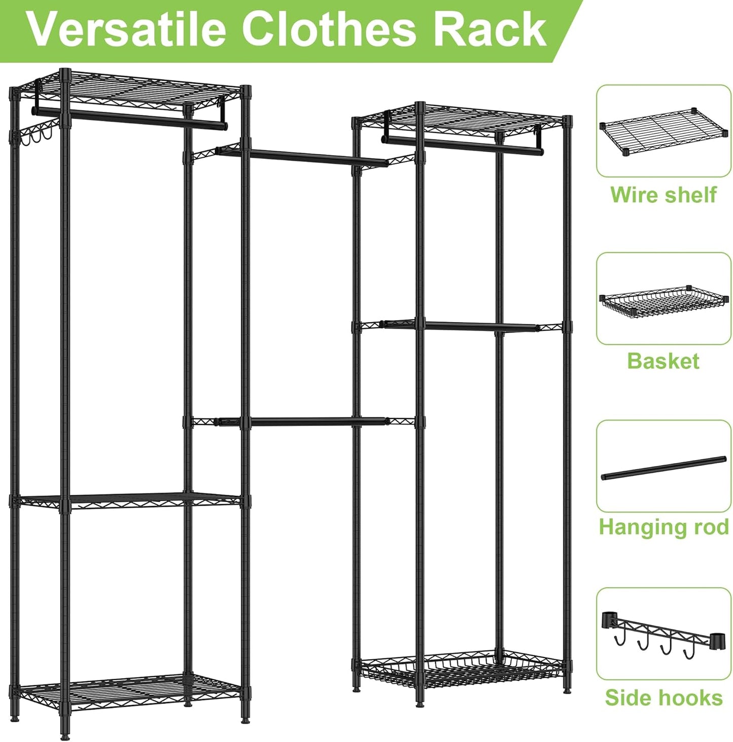 Heavy Duty Clothes Rack, Freestanding Garment Rack System Closet Organizer for Hanging Clothes, Metal Wire Clothing Rack with 5 Shelves & 5 Rods,Adjustable Wardrobe Shelf,Black