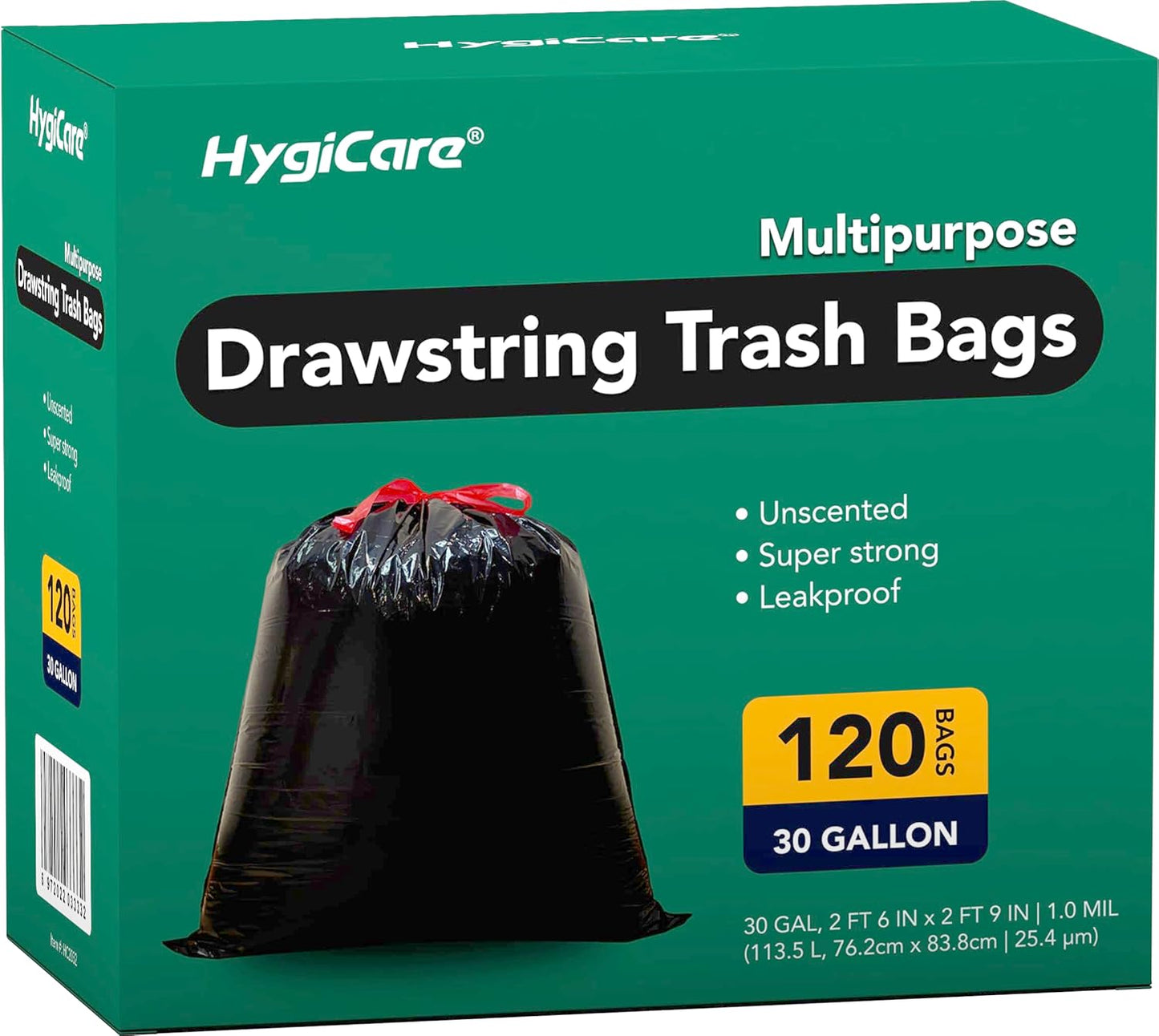 Ultra Strong 30 Gallon Trash Bags, Unscented 120 Count Drawstring Garbage Bags, Pre-Separated, Eco-friendly Materials, Leakproof, Sturdy, Black