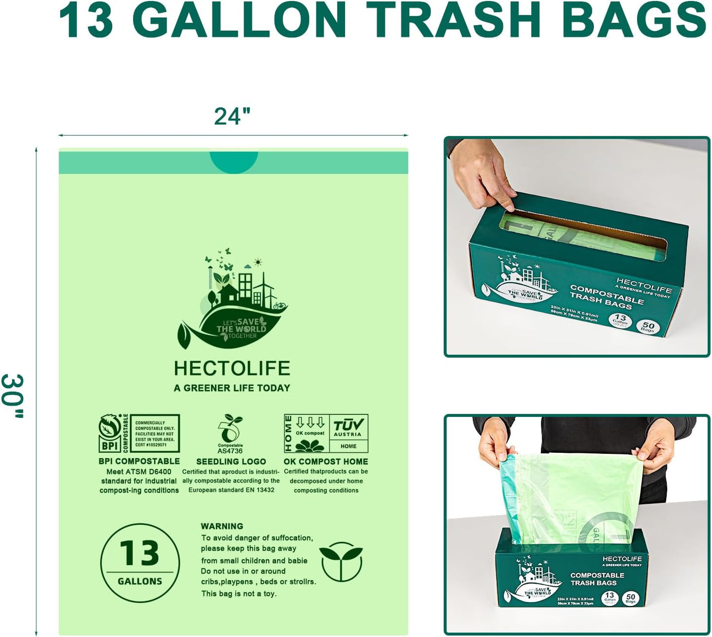 13 Gallon,50 Count, Compostable Trash Bags with Drawstring,Tear Resistant Kitchen Food Scrap Waste Bag, ASTM D6400, US BPI and Europe OK Compost Home Certified