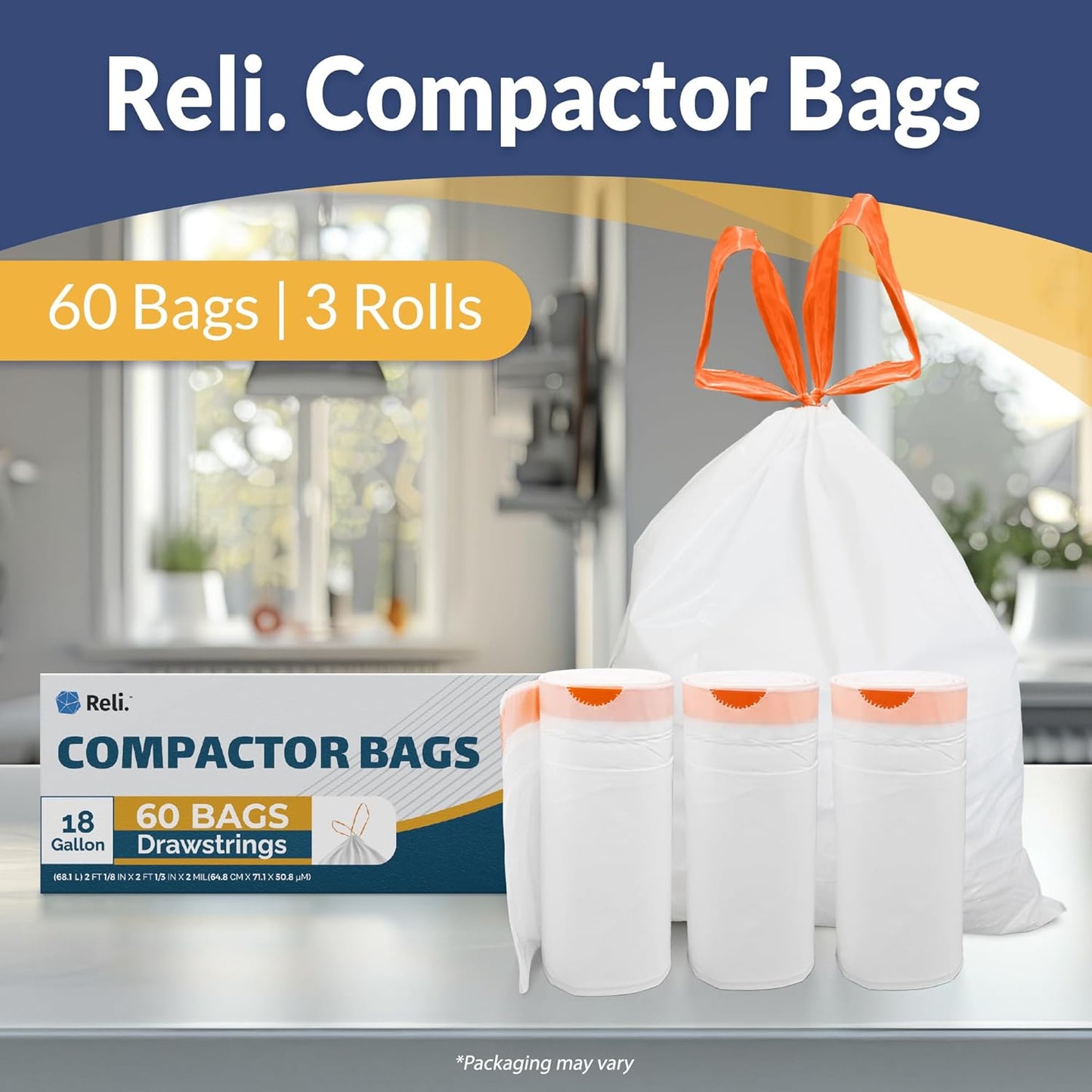 Reli. 18 Gallon Trash Compactor Bags (60 Pack) | 2 Mil Heavy Duty | Compatible with Kitchenaid, Whirpool, GE 15 Inch Compactors | No Slip Drawstring Kitchen Trash Bags | Leak-Proof & Tear Resistant