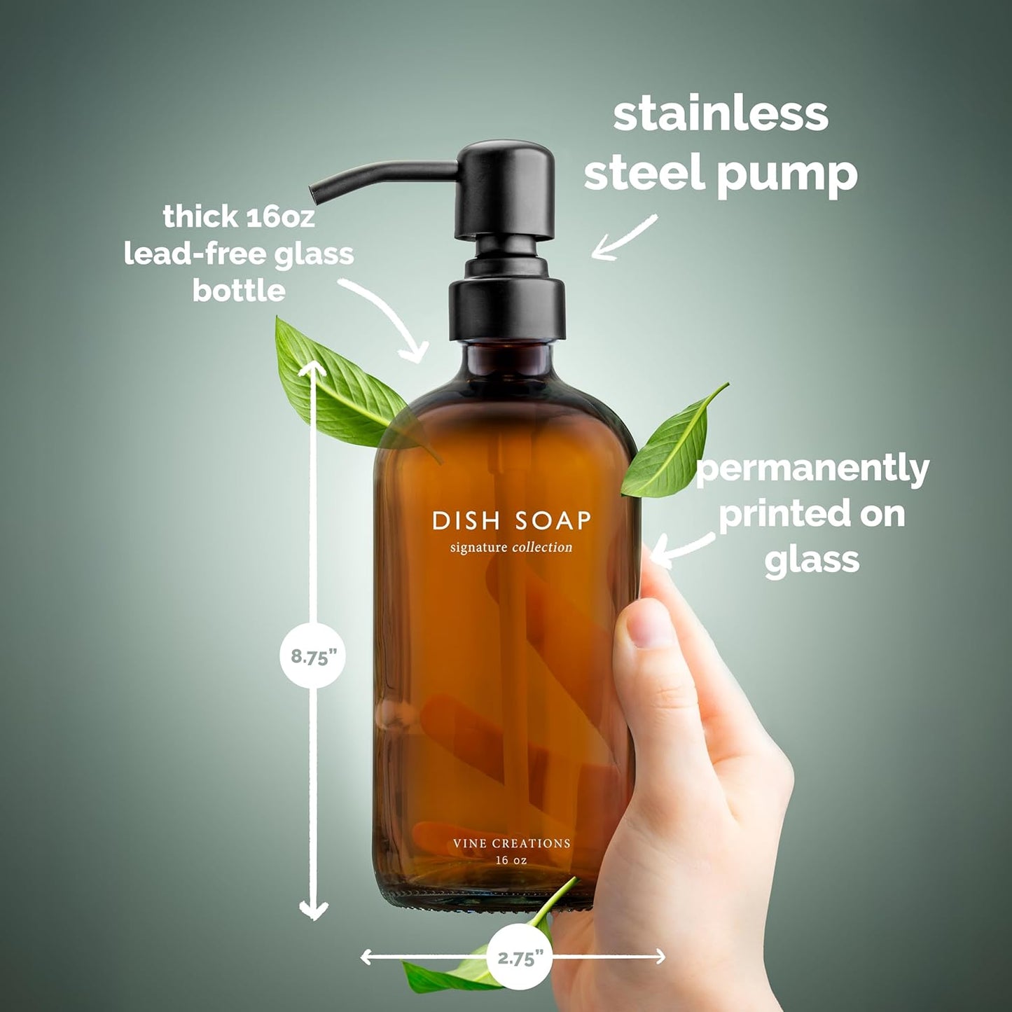Vine Creations Amber Glass Soap Dispenser Set, Dish Soap and Hand Soap Dispenser Set with Stainless Steel Pump, 16 oz Glass Dispensers for Kitchen or Bathroom Decor (Amber Bottle/Matte Black Pump)