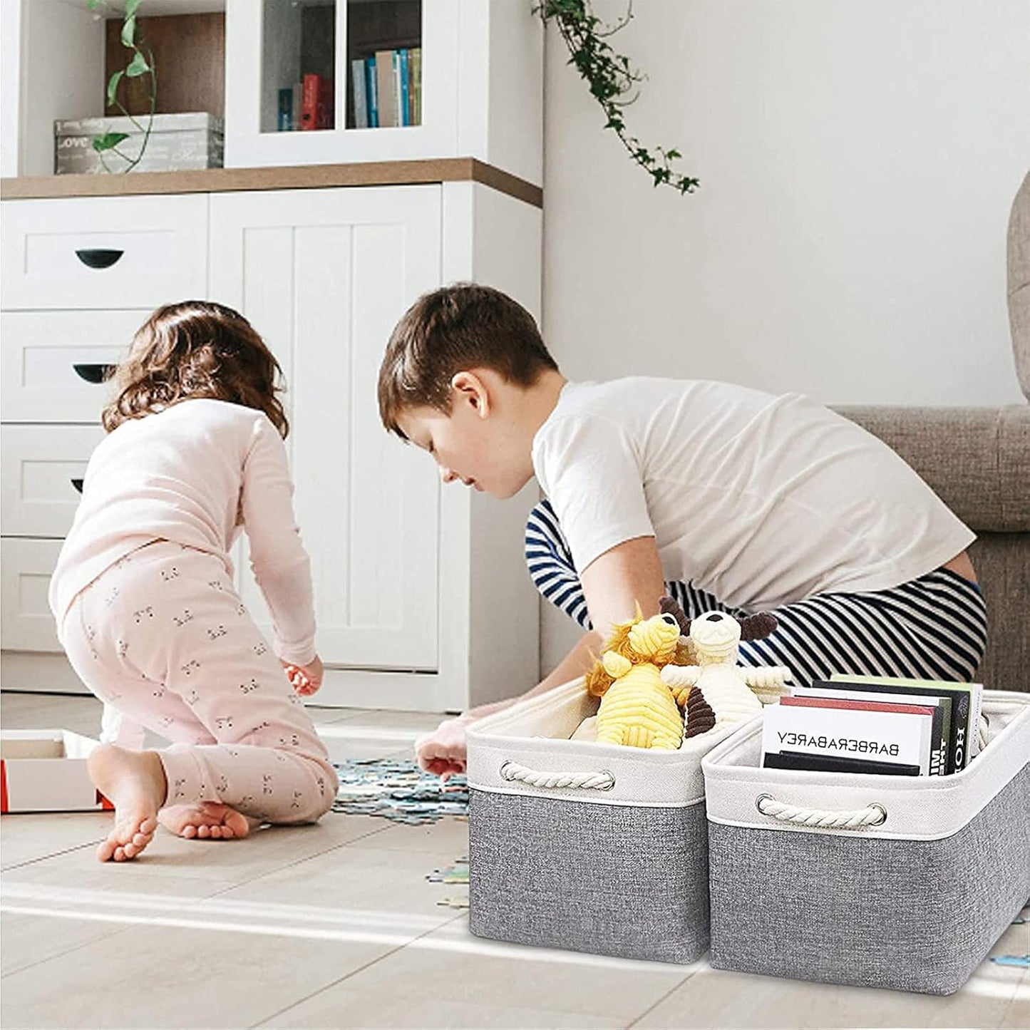 HNZIGE Large Fabric Storage Baskets (3 Pack) - Foldable Gift Baskets with Rope Handles, Decorative Organizers for Home (White & Gray, 15" x 11" x 9.5")