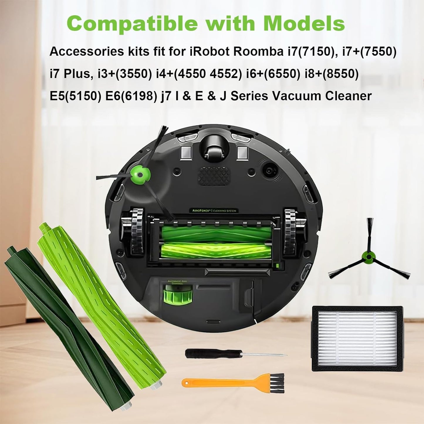 19 Pack Replacement Parts Accessories Compatible for iRobot Roomba i3 i3+ i7 i7+ i4 i6 i6+i8 i8+/Plus E5 E6 E7 J7 I E &J Series Vacuum Cleaner, 3 Set of Roller Brush & 8 HEPA Filters & 8 Side Brushes