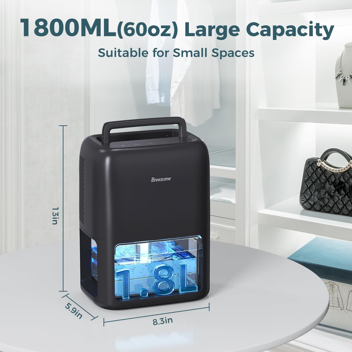 BREEZOME 60 OZ Dehumidifiers for Home, Dual-Semiconductor Quiet Dehumidifier with Timer Auto-Off Sleep Mode 7 Colors Light Portable Small Dehumidifiers for Bathroom, Cloakroom, RV, Black