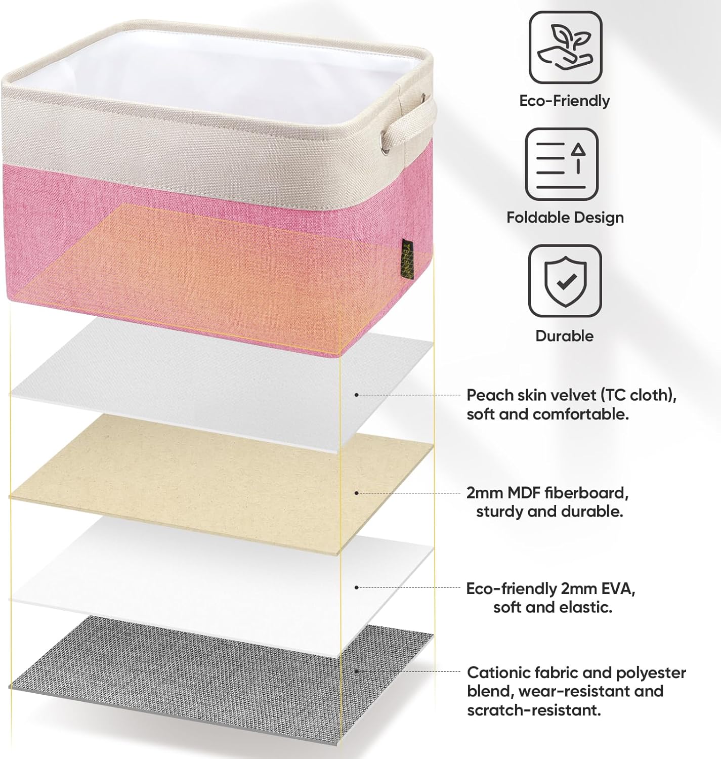 BALEINE 3 Pack Fabric Storage Bins for Shelves, Linen Storage Baskets for Organizing, Decorative Closet Bins for Clothes, Home (Pink, 15''x11''x9.5'')