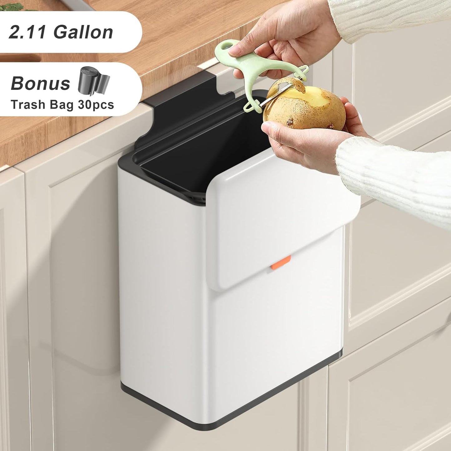 Mbillion Kitchen Compost Bin Hanging Trash Can with Lid 2.1 Gallon Stainless Steel Garbage Can for Kitchen Cabinet Door Mounted Trash Can Under Sink Door RV Bathroom,White