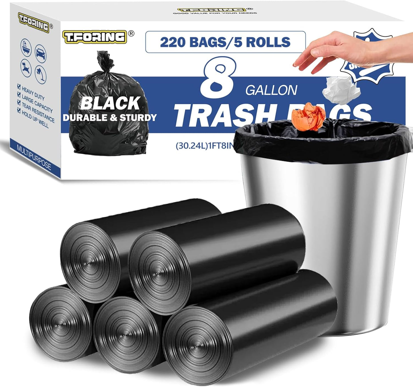 8 Gallon Trash Bags Heavy Duty - 30 Liters Black Garbage Bags,0.94 Mil Thick,220 Count,Medium Leakproof and Unscented Wastebasket Can Liners for Kitchen Home Toilet