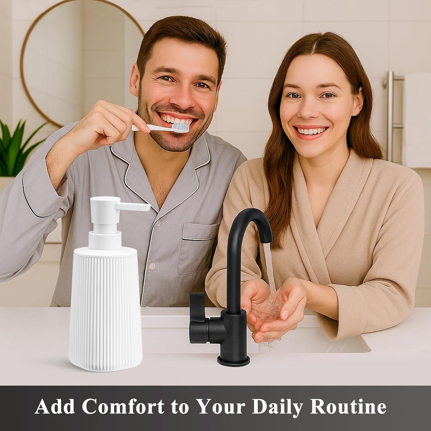 White Hand Soap Dispenser with No Rust Pump for Bathroom and Kitchen Countertops Refillable Striped Matte Plastic 8.5 oz