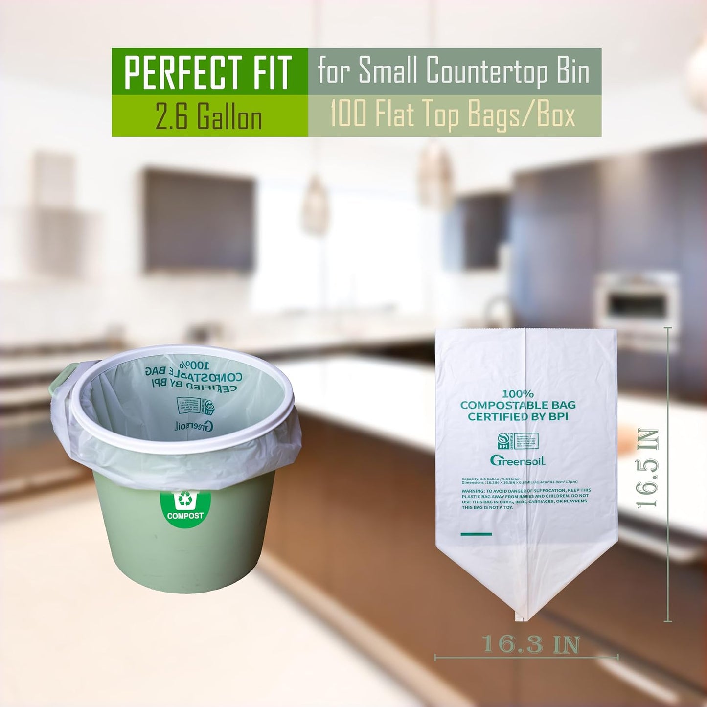 Greensoil 100% Compostable Waste Bags 2.6 Gallon, Extra Thick Kitchen Small Compost Bags for Countertop Bin, Bathroom or Office Waste, ASTM D6400 BPI Certified Compostable & Leak Proof, 100 Pack