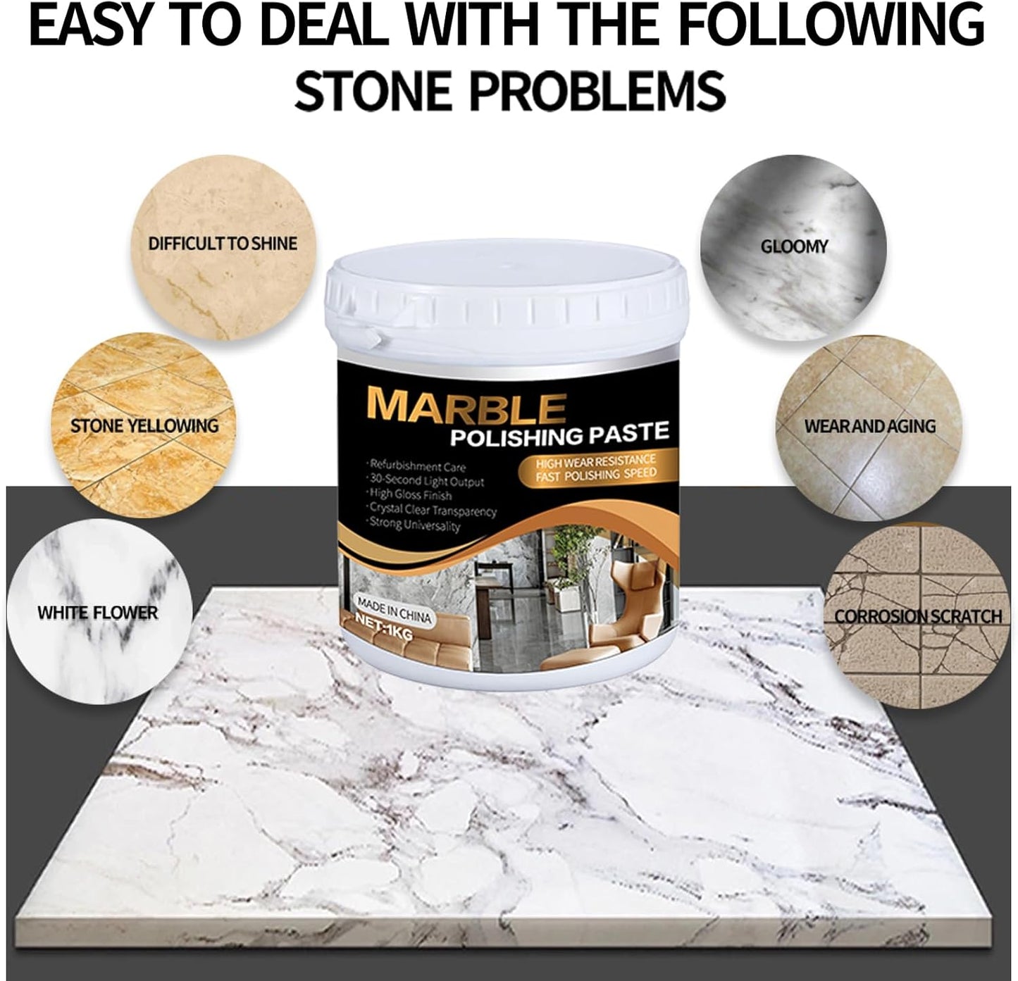 Marble Polishing Paste Kit, Marble Polishing Compound, Countertop Cleaner, Quartz Polish, Sealant & Protector For Marble Countertops, Floors, Walls