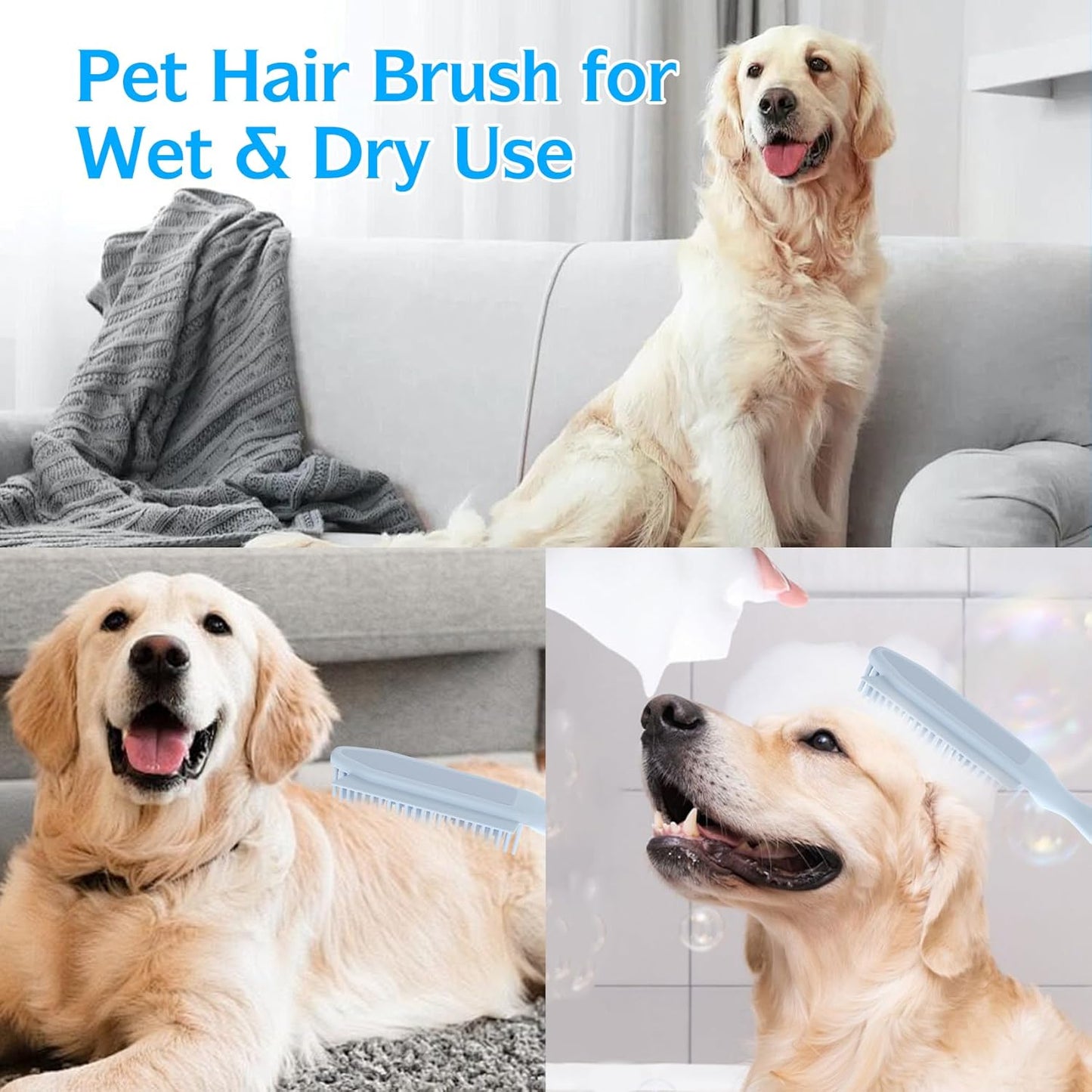 Rubber Broom Carpet Rake for Pet Hair Removal, Fur Remover Broom with 59" Adjustable Handle, Portable Detailing Lint Remover Brush, Soft Push Broom with Squeegee for Carpet, Hardwood Floor, Tile