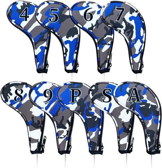 9pcs PU Leather Camouflage Blue Zipper Long Neck Design Golf Iron Headcovers Both Side Number Golf Iron Club Head Cover LH RH Covers #4-9,P,S,A