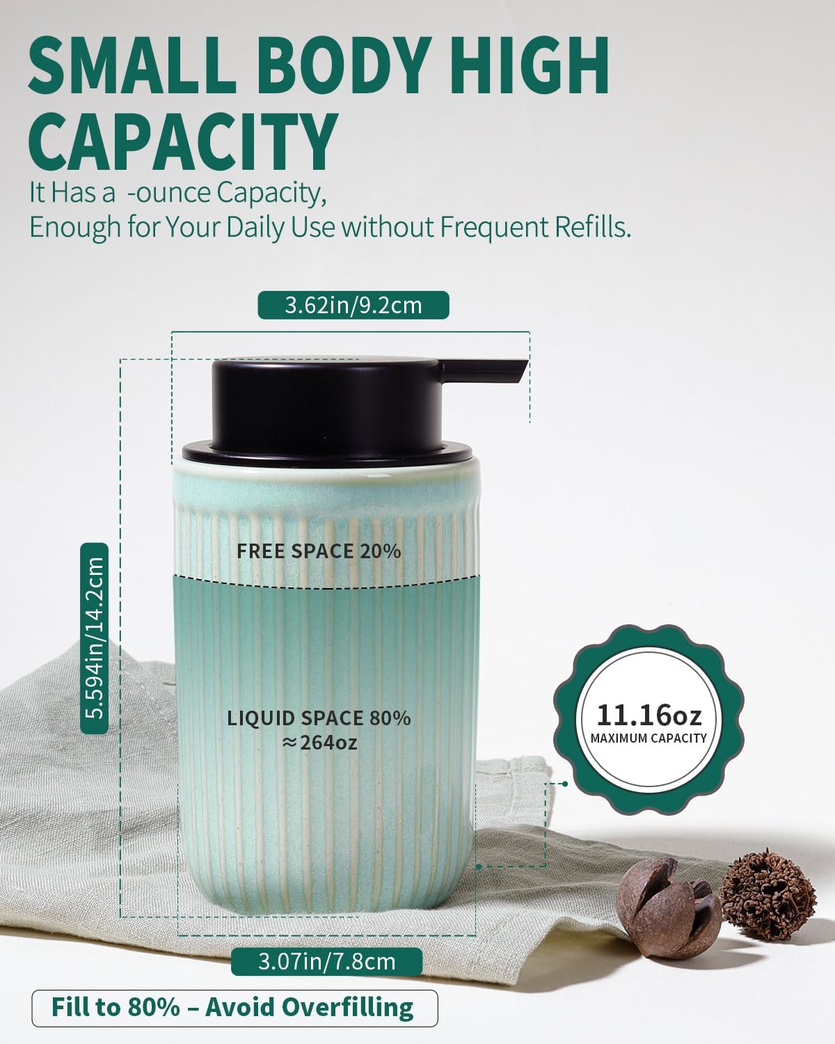 BosilunLife Foam Hand Soap Dispenser - Ceramic Foaming Soap Dispenser for Bathroom 12oz Refillable Liquid Lotion Soap Dispenser with Rust-Proof Foaming Pump for Countertop (Light Green)