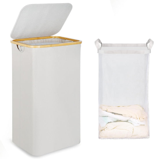 efluky Laundry Basket with Lid and Removable Bag, 100L Tall Laundry Hamper with Bamboo Handles, Aesthetic Dirty Clothes Bin for Laundry Room, Bathroom, Bedroom and Dorm, Light Grey