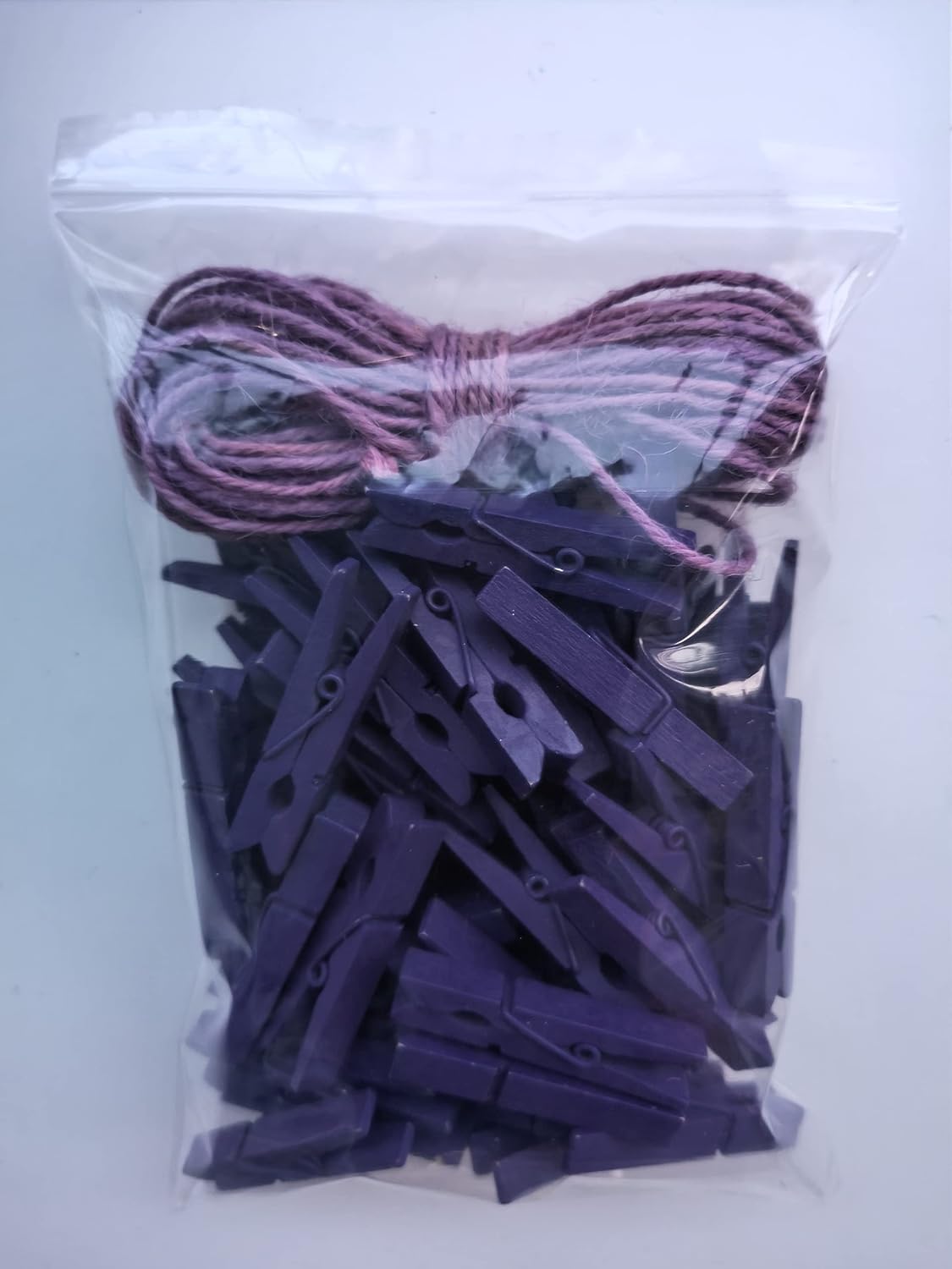 1.9 Inch Purple Wooden Clothes Pins with Strong Craft String for Pictures Papers Peg Photo Display Shirt Clips Pack 50